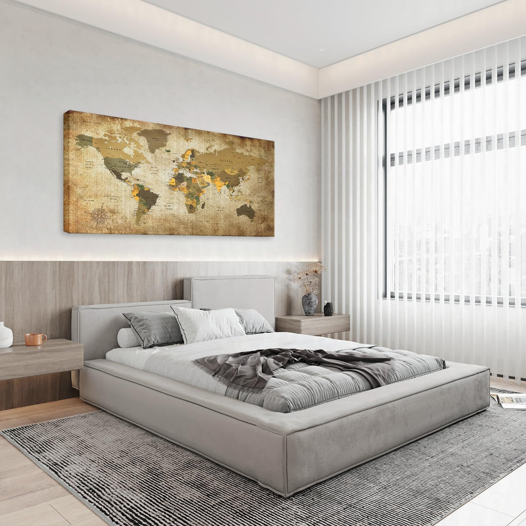 Art World Map Canvas Wall Art Vintage Large Map of The World 20" x 40" Framed Canvas Print Artwork Living Room Wall