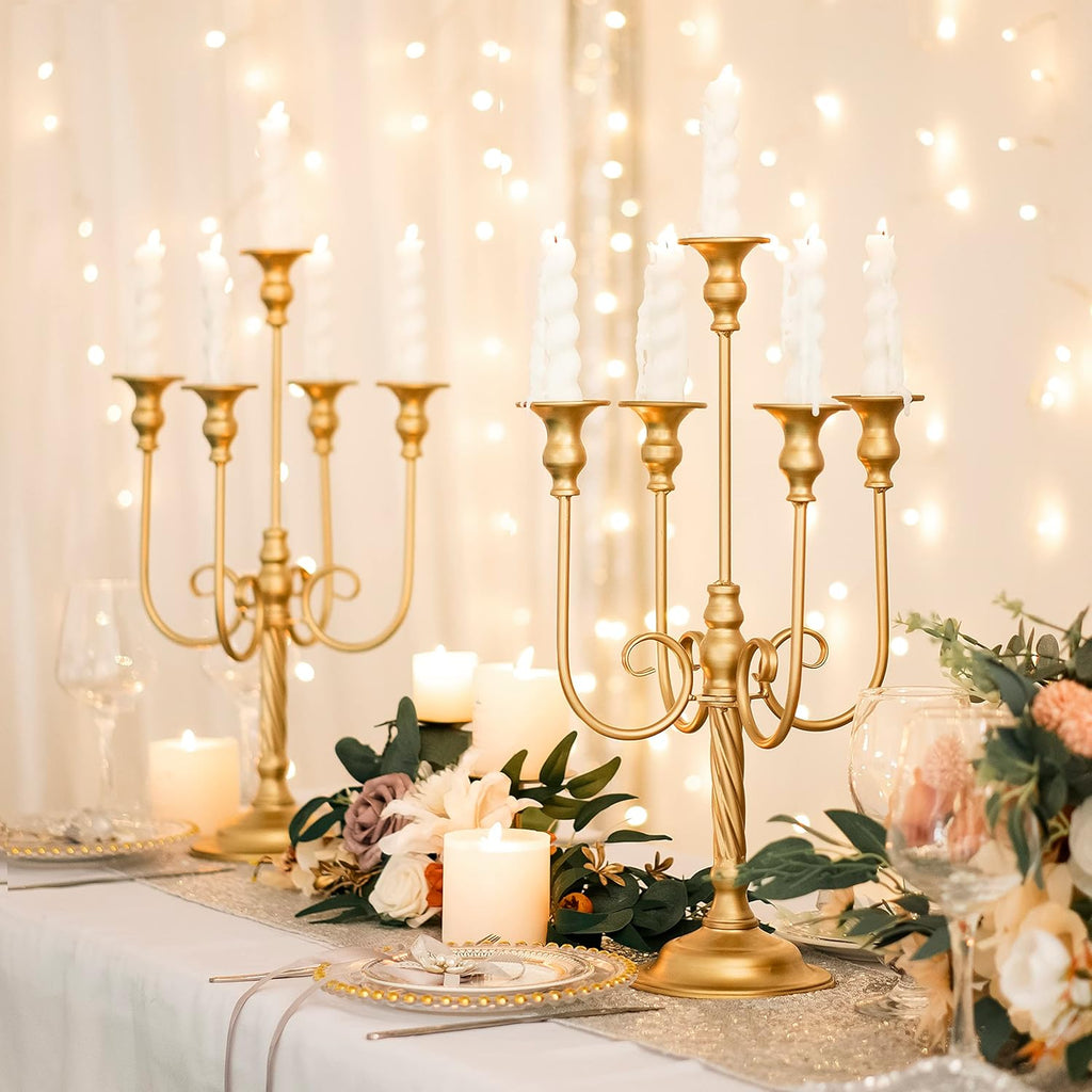 19.7in Gold Candelabra Centerpieces for Tables, 2Pcs Metal Tall Candle Holder for Taper Candles, 5 Arm Candlestick