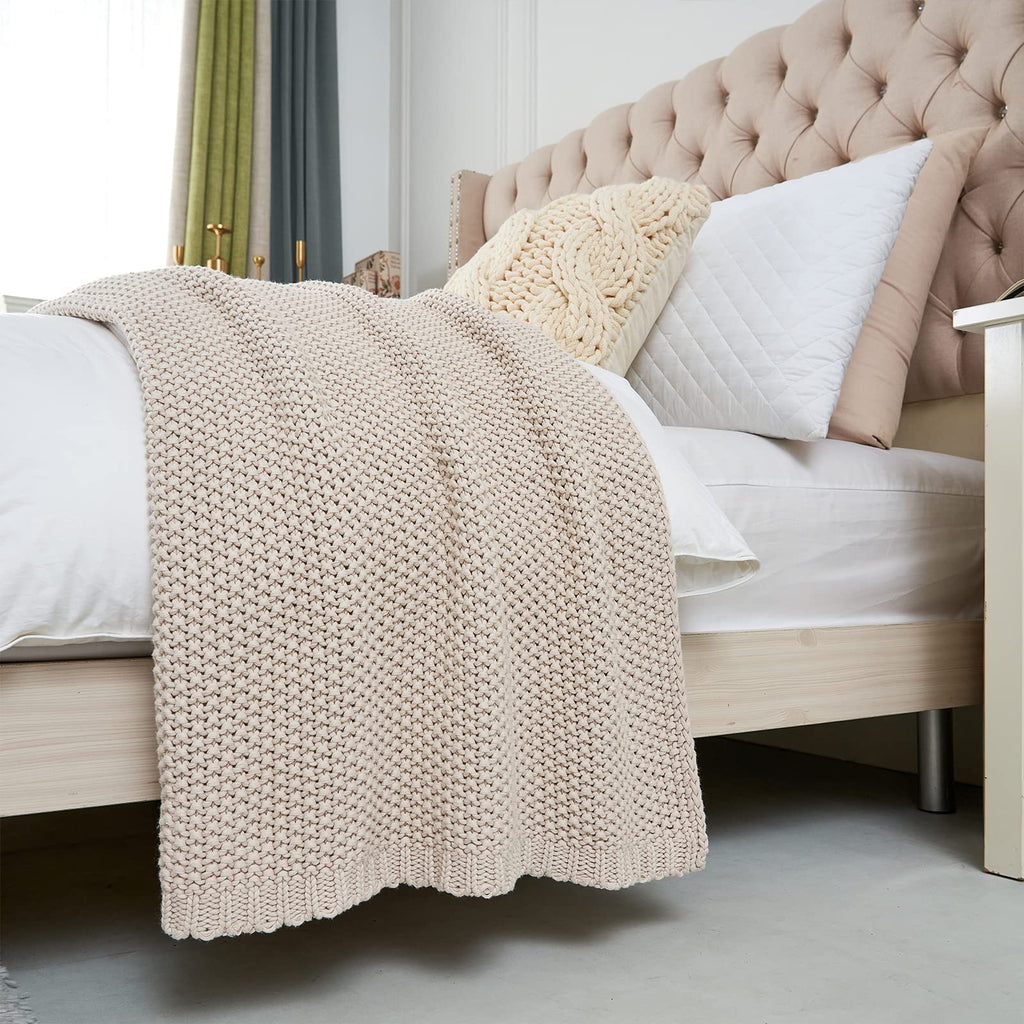 Chunky Cable Knit Throw Blanket Lightweight Beige 100% Organic Cotton Blanket for Sofa Couch Bed Baby Nursery, Rustic