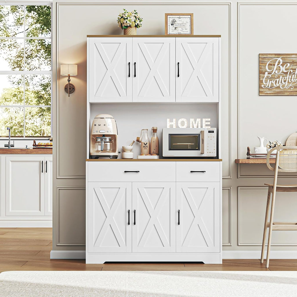 71"H Kitchen Pantry Storage Cabinet, Farmhouse Hutch Cabinet, White | Space-Saving Pantry Cabinet with Charging