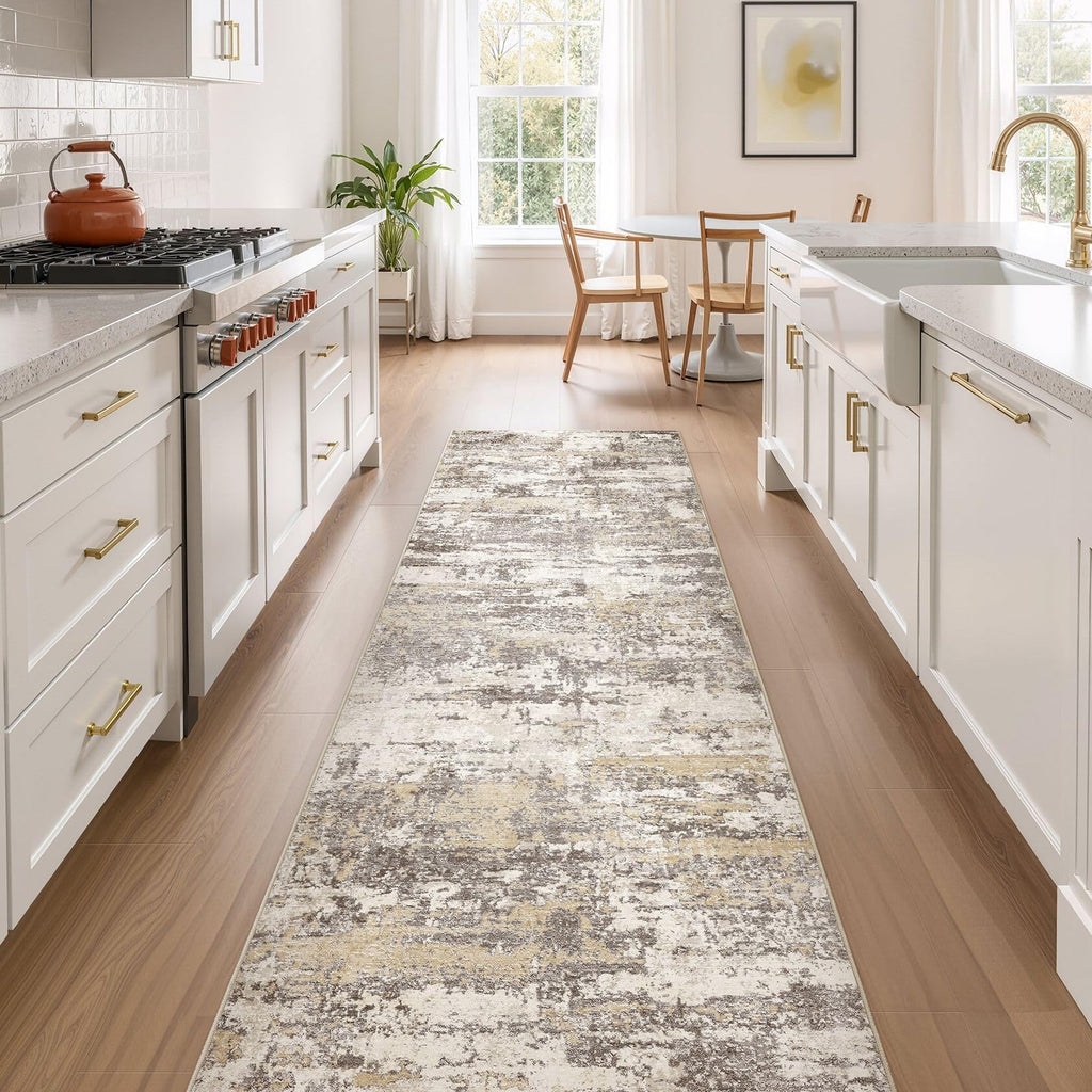 3x8 Runner Rug, Abstract Washable Hallway Rugs, Gold Brown