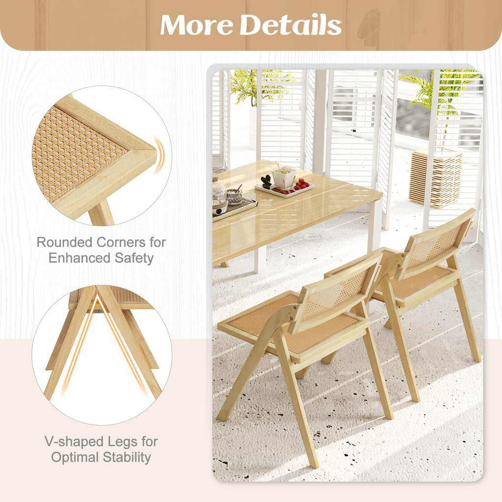 Folding Dining Chairs Set of 2, Wooden Folding Chair with Rattan Backrest & Seat, Sturdy Rubber Wood Frame, Armless