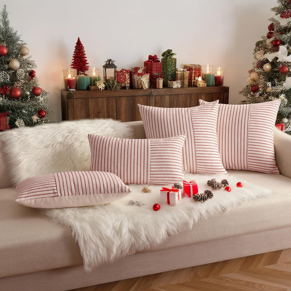 Christmas Pillow Covers 20x20, Boho Throw Pillow Covers Set of 2, Red and Cream Striped Linen Decorative Pillows