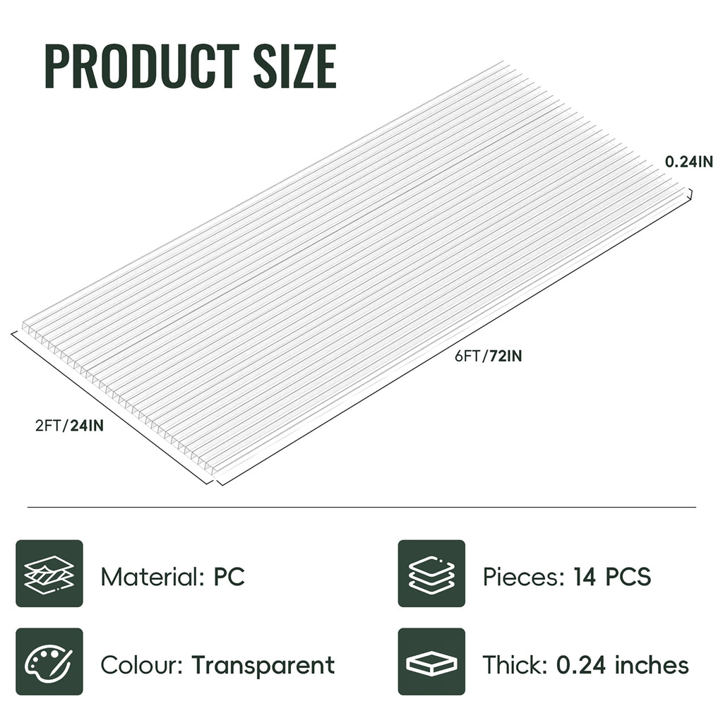 14 Pack 6'FT x 2'FT x 0.24" in Polycarbonate Greenhouse Panels