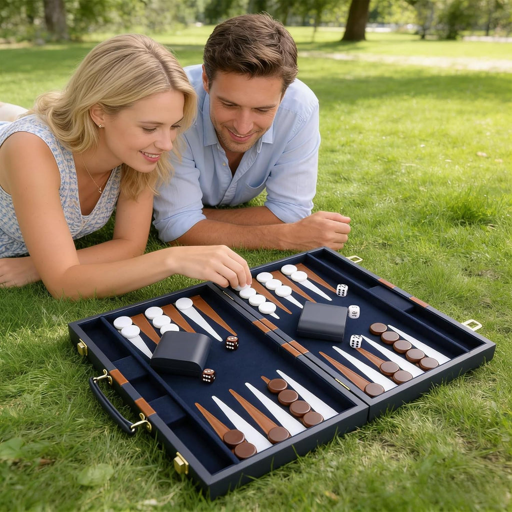 Backgammon Set - Classic Board Game with Premium PU Leather Case - Portable Travel Strategy Backgammon Game Set
