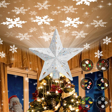 Tree Topper Lighted with 6 Projection Modes,Christmas Star Tree Topper Built-in LED Rotating Projector Lights 3D