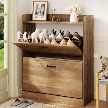 Farmhouse Shoe Storage Cabinet with 2 Flip Drawers, Freestanding Shoe Organizer with Metal Legs, Narrow Shoe Rack