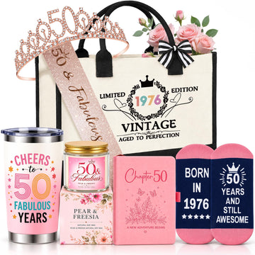 50th Birthday Gifts for Women - 9-Piece Vintage 1976 Gift Set, Ready-to-Gift Luxury Basket with Tumbler, Tote, Tiara