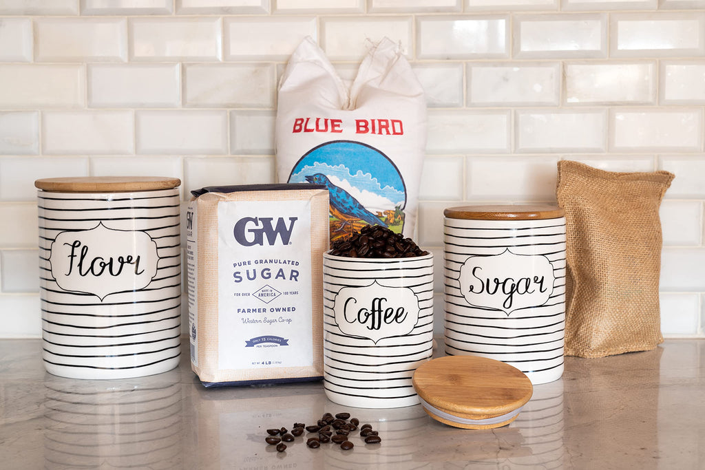 Labeled Ceramic Kitchen Canister Set, Set of 3, Coffee Sugar Flour, White/Black, Bamboo Lids