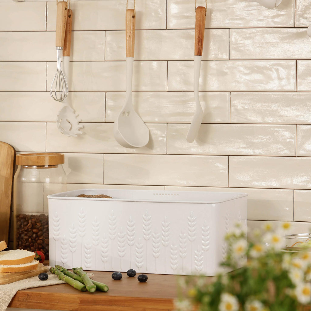 Bread Box - Large White Ear of Wheat Embossed with Bamboo Lid