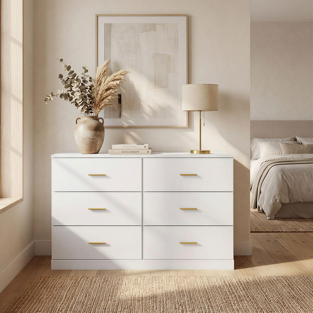 47" Modern White, 6 Drawer with Gold Handles