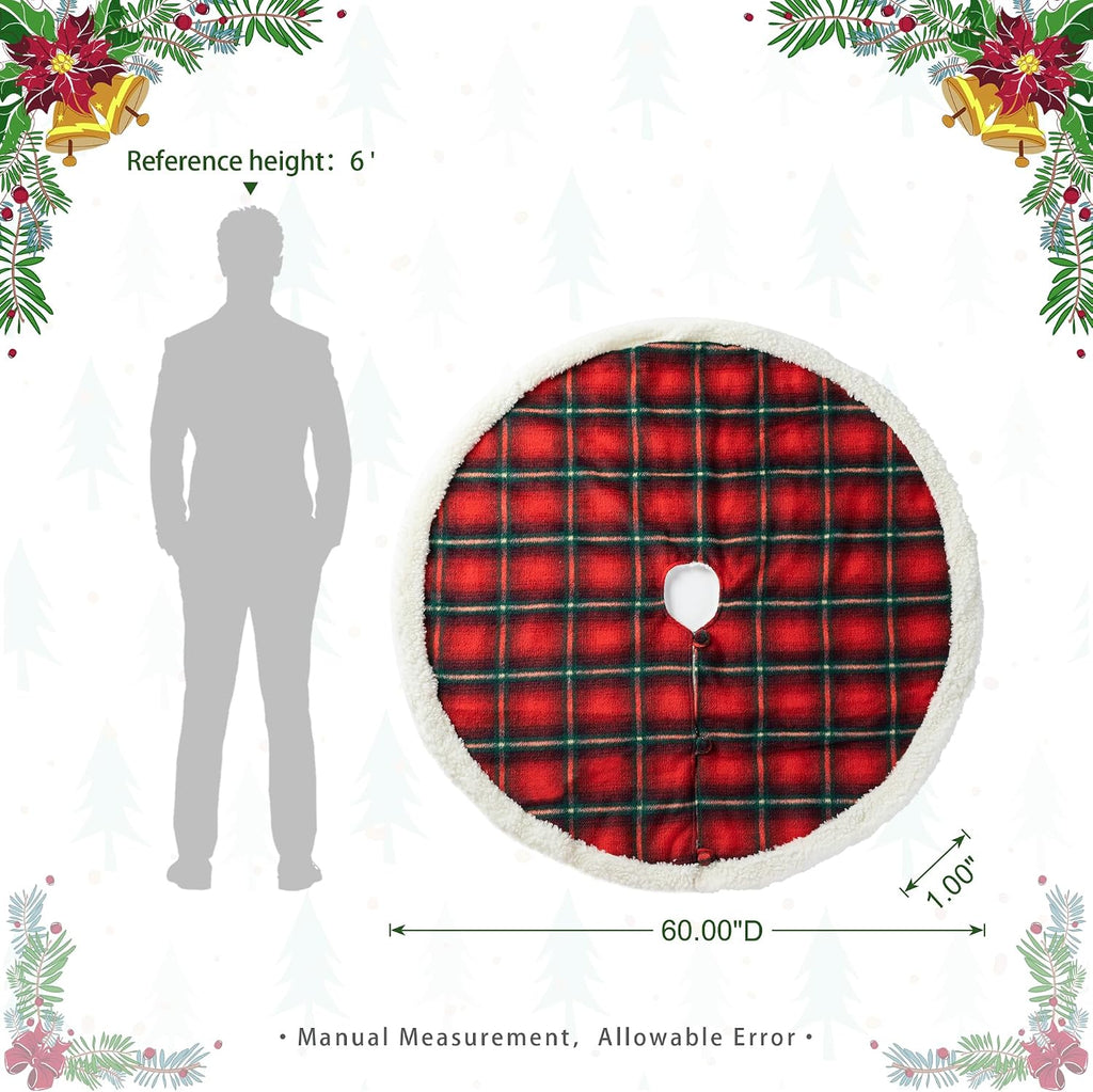 60 Inch Reversible Faux Fur Christmas Tree Skirt, Red Black Plaid Sherpa & Flannel Double-Sided for Christmas Party