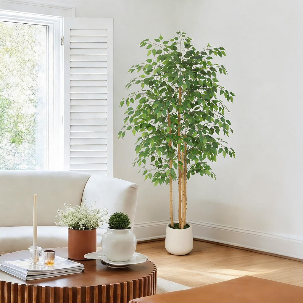 6ft Artificial Ficus Tree with White Decorative Planter & Multiple Real Wood Trunks, 72in Fake Ficus Tree with