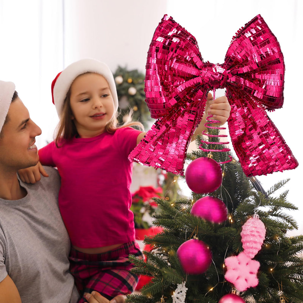 10 x 12 Inch Large Sequin Hot Pink Bow Tree Topper, Hot Pink Bow