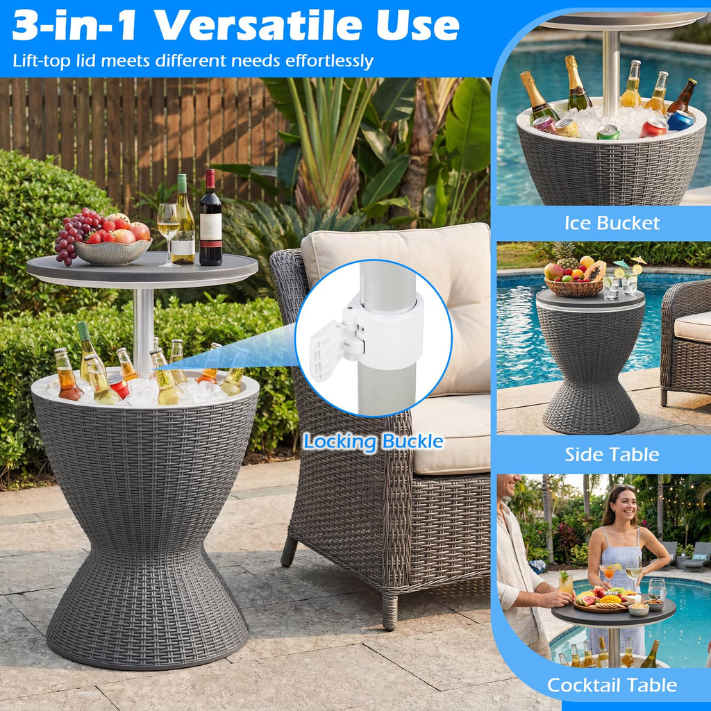 Outdoor Cooler Table, Multi-Functional Cooler Bar Table, Adjustable Height Ice Cooler Side Table w/Drain Plug, 8