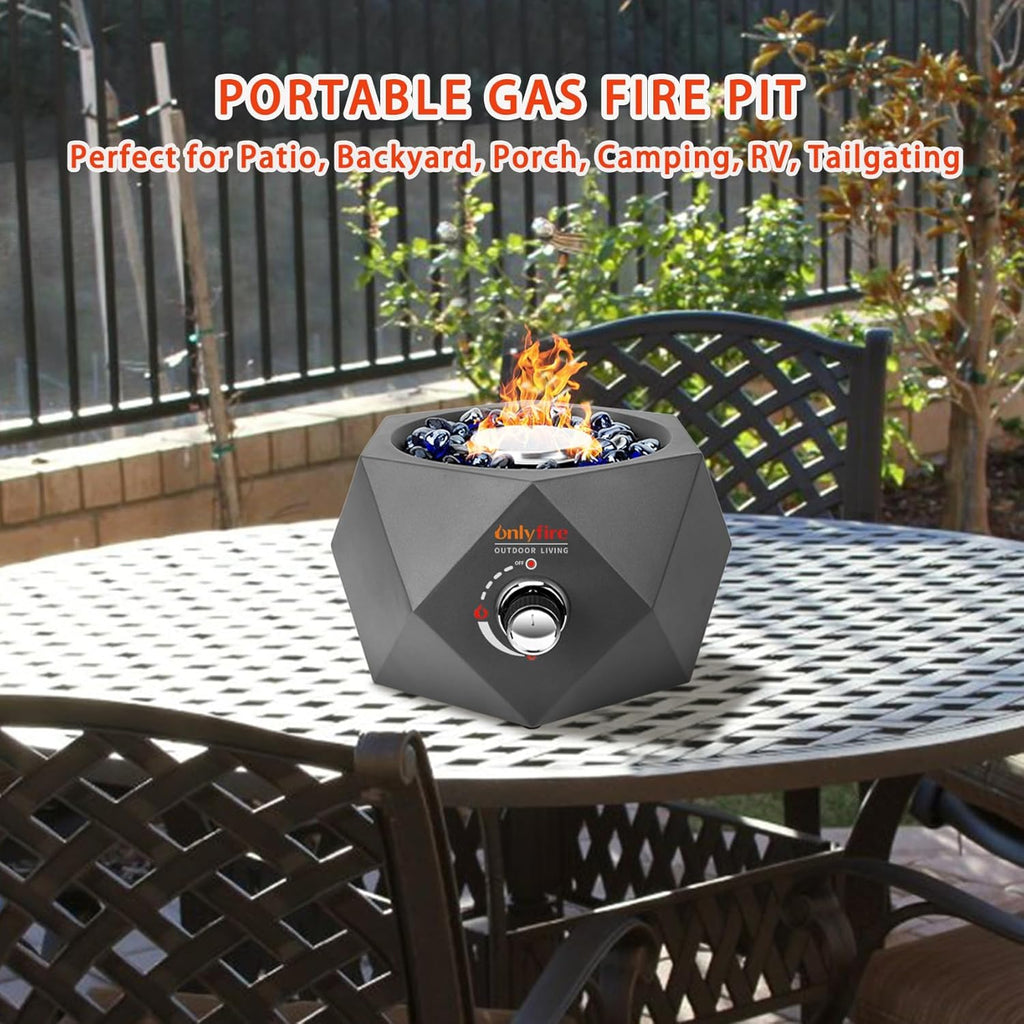 14” Modern Tabletop Fire Pit for Table with Umbrella Hole, Portable Gas Firepit for 1lb Propane Gas