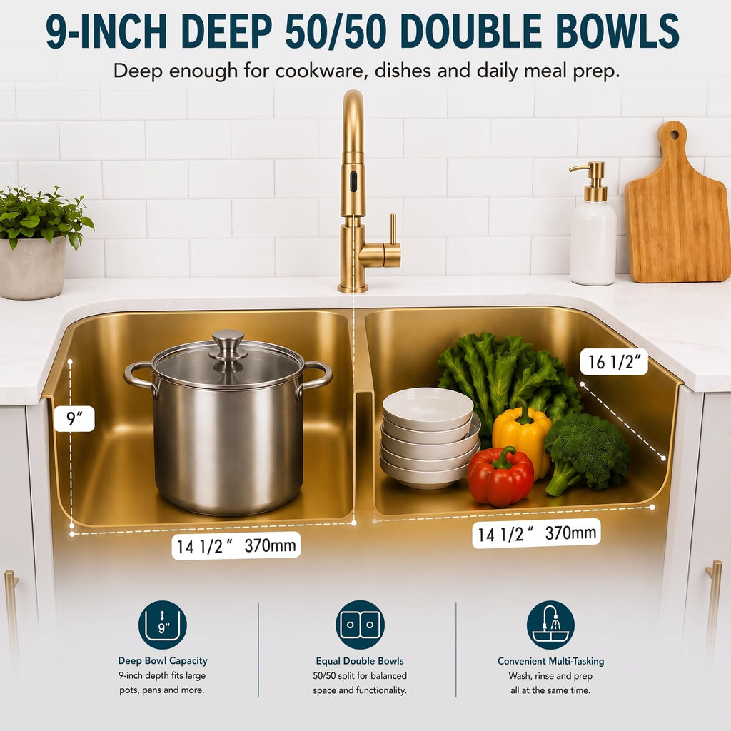 Brushed Gold Kitchen Sink, 32 Inch Undermount Kitchen Sink Gold, Double Kitchen Sink Stainless Steel with Two Sink