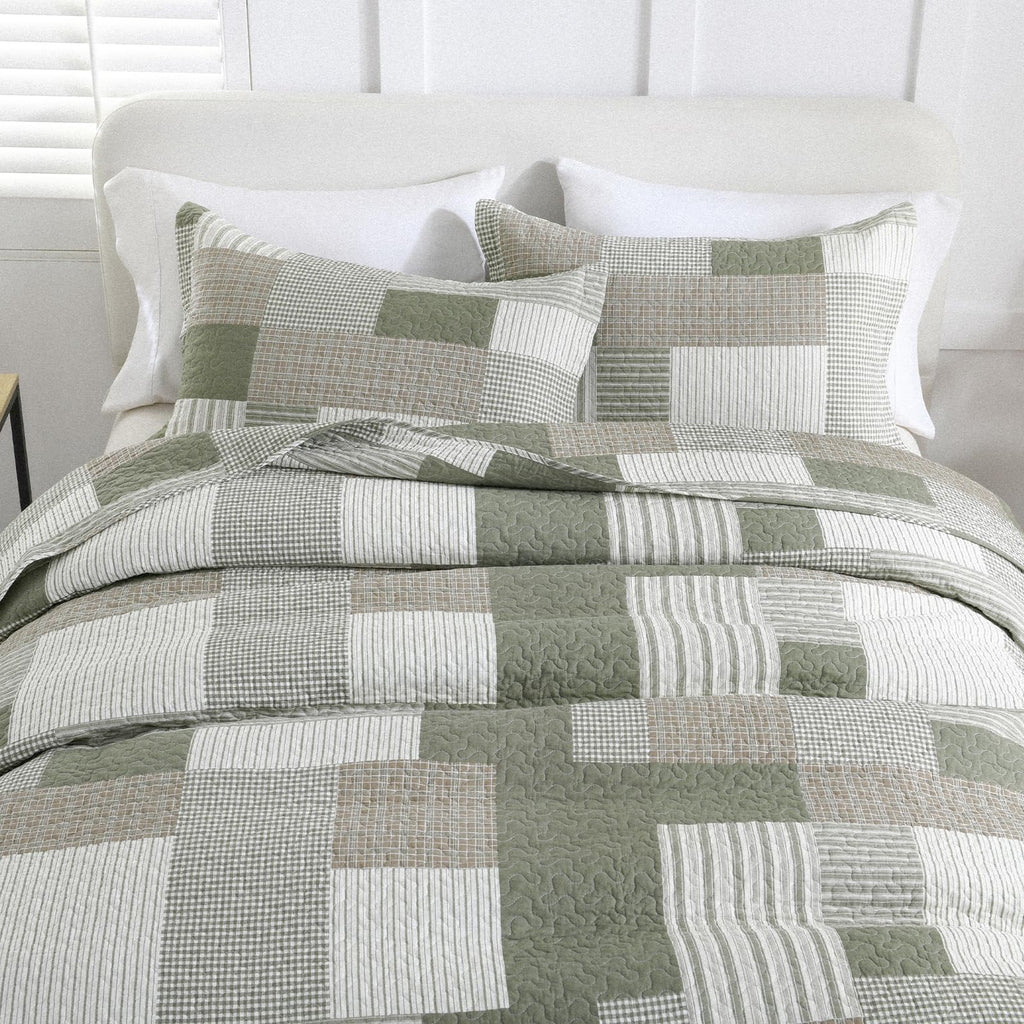 Quilt Set, 100% Cotton Comforter Set, Farmhouse Patchwork Quilt Bedding Set, Plaid Lightweight