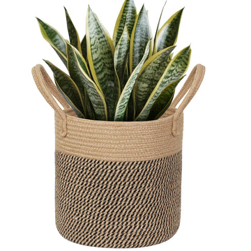Round Wicker Basket with Handle, 11" Woven Jute Plant Basket for 10" Pot, Indoor Boho Tree Planter, Decorative Flower
