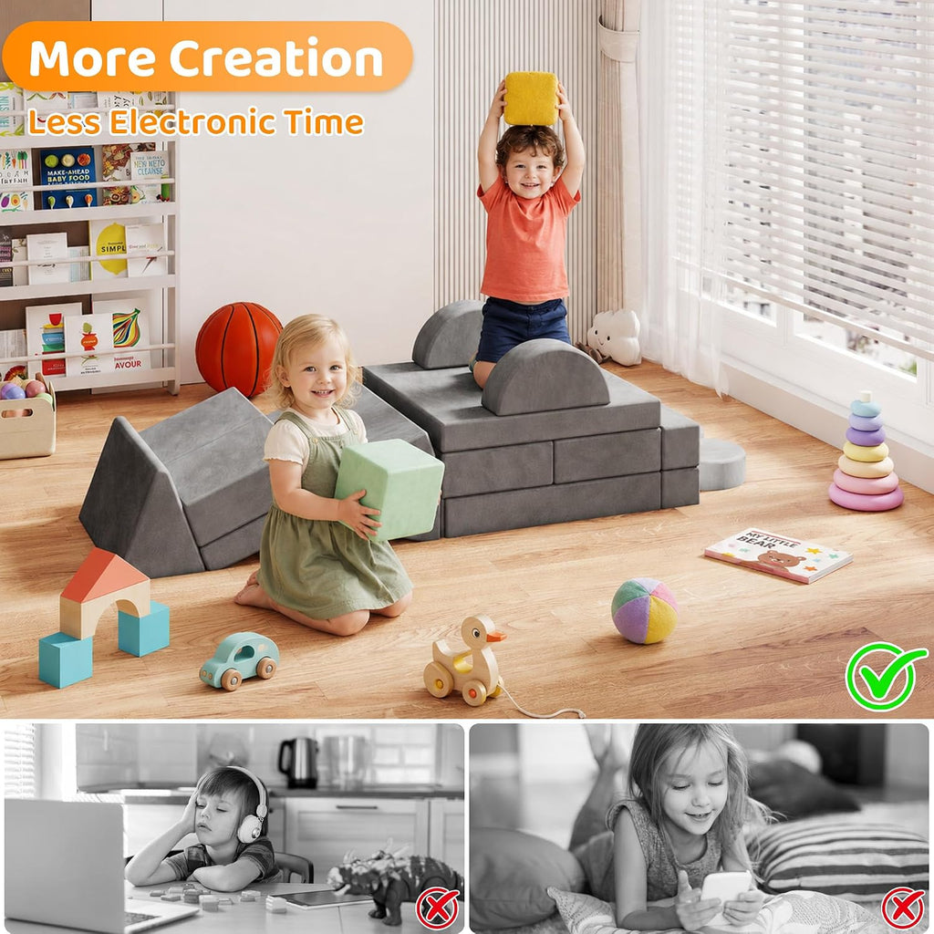 18Pcs Kids Play Couch, Modular Foam Couch, Convertible, Grey