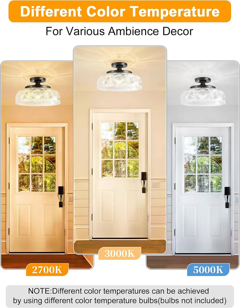 Semi Flush Mount Ceiling Light, 12 Inch Large Black Ceiling Light Fixture, 3-Light Globe Glass Industrial Kitchen