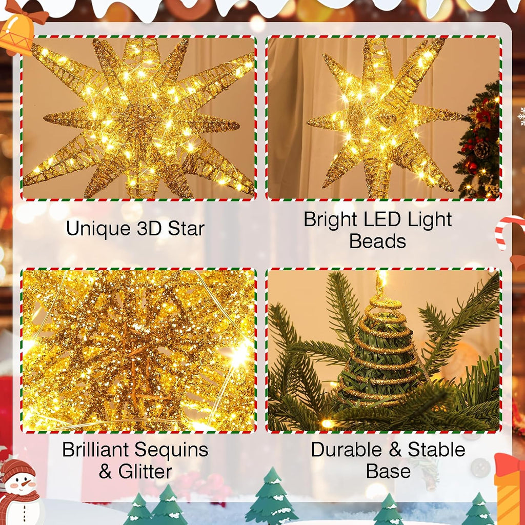 15 Inch Star Christmas Tree Topper with 50 Lights & Remote, Gold Star