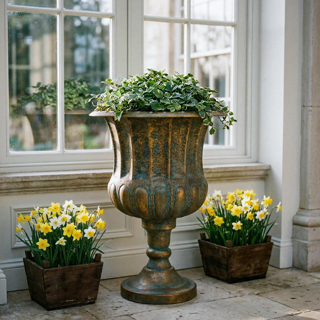 Garden 24.5" H. Metal Urn Planters 2-Pack - Bronze Classic Antique Iron Plant Pots - Large Decorative Rustic Flower