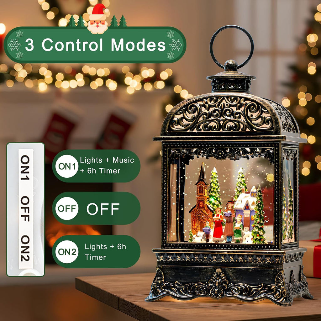 Christmas Village Snow Globe Water Lantern with Church Carolers Scene Battery Operated or USB Powered Musical Lighted