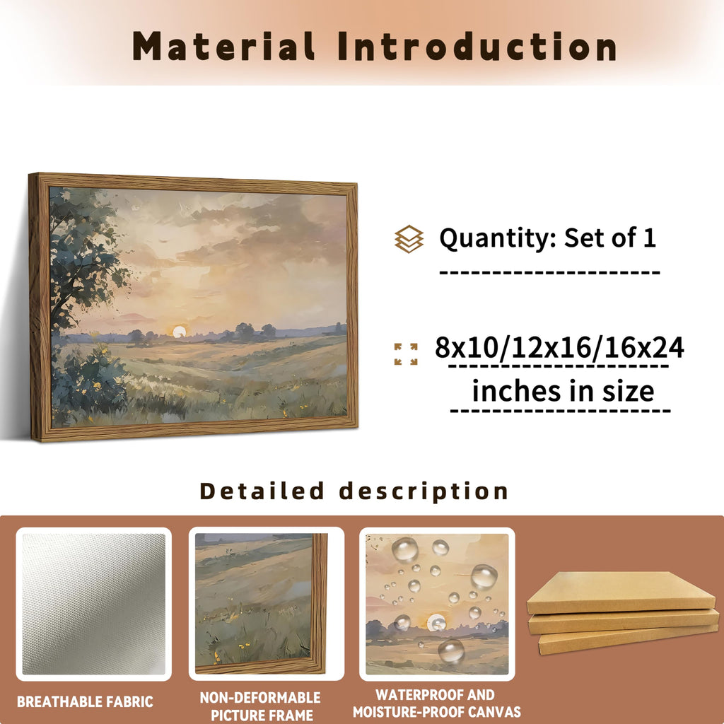 Wood Framed Vintage Wall Art, Fall Nature Sunset Landscape Canvas Wall Decor, Retro Country Farmhouse Prints Artwork