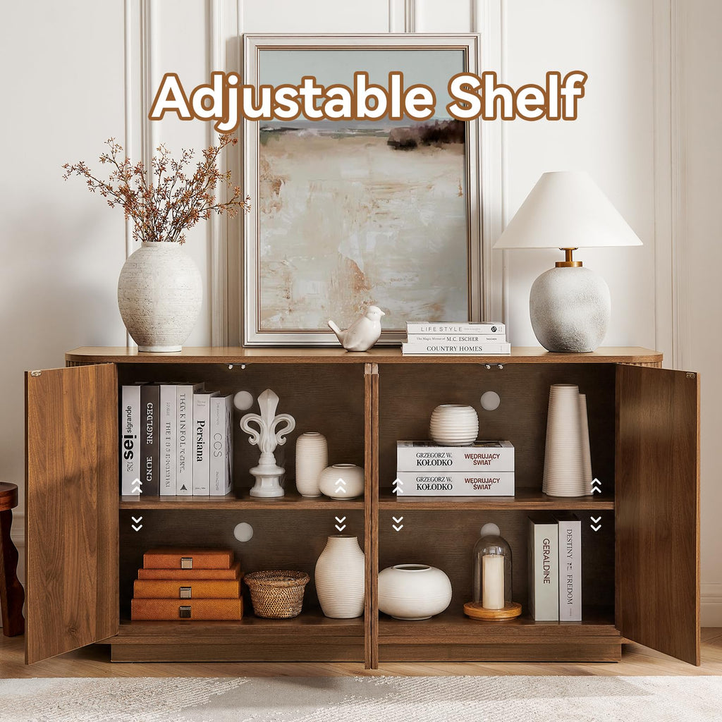 64" Fluted Buffet Cabinet with Storage, Walnut Sideboard Cabinet