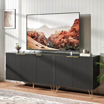 78.7 Inch Fluted TV Stand with 2 Storage Cabinets, Black丨Modern TV Stands, Entertainment Center with Adjustable