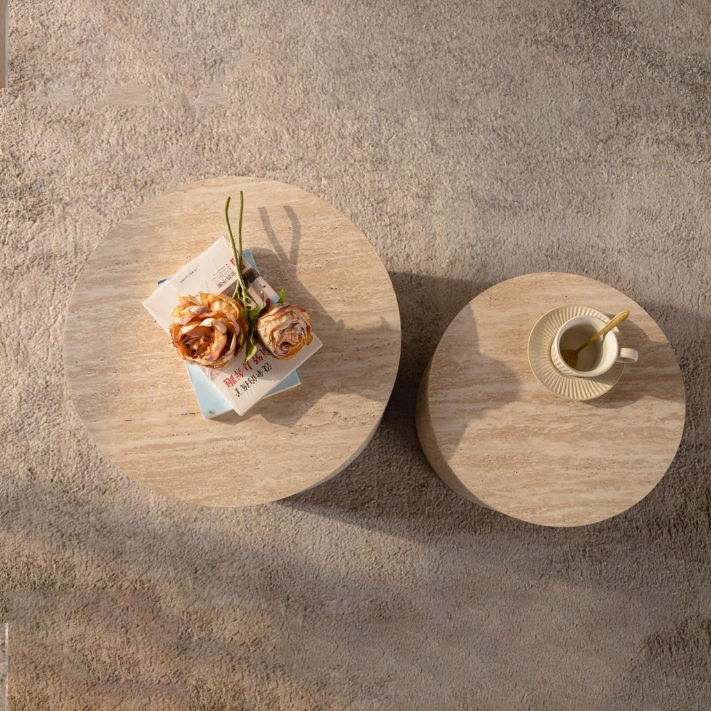 Nesting Coffee Table Set of 2, Modern Round Wooden Coffee Tables, Accent End Side Table for Small Space Living