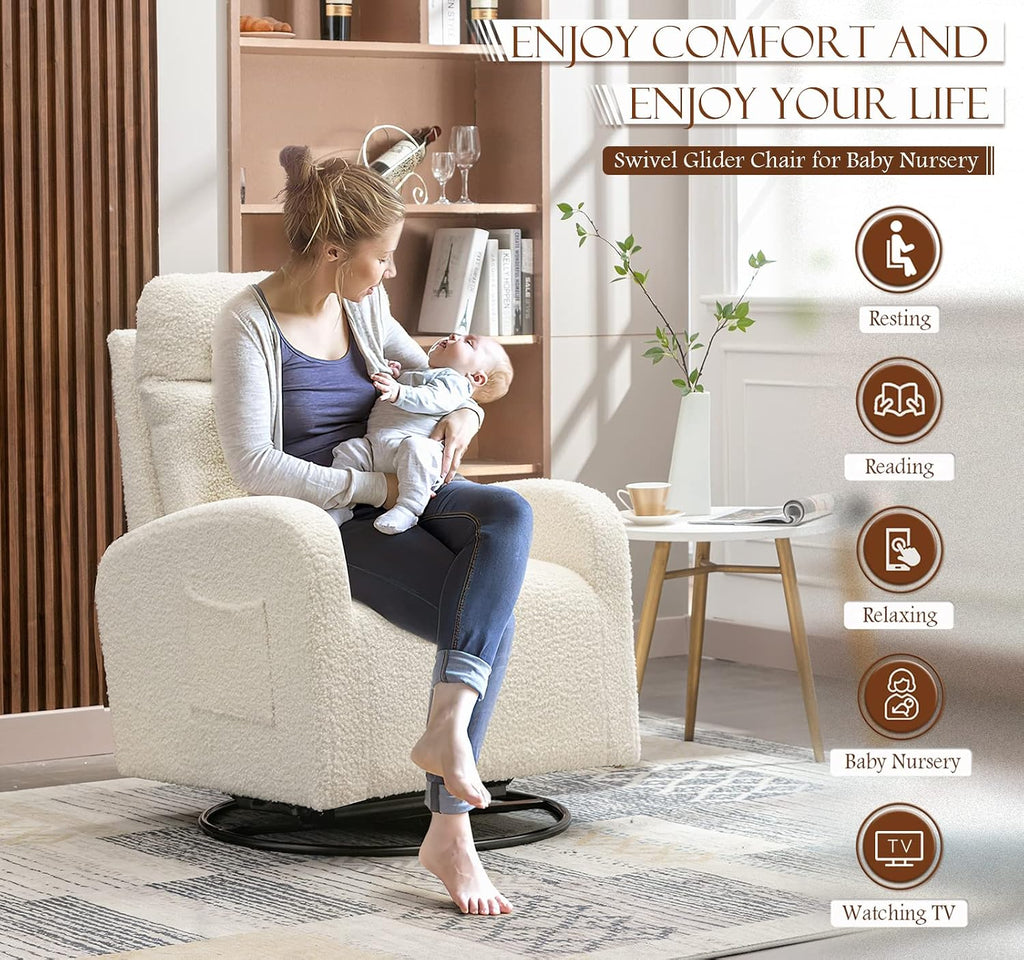 Modern Swivel Glider Chair, Upholstered Accent Glider Rocker for Baby Nursery, Comfy Tall Back Rocking Armchair with