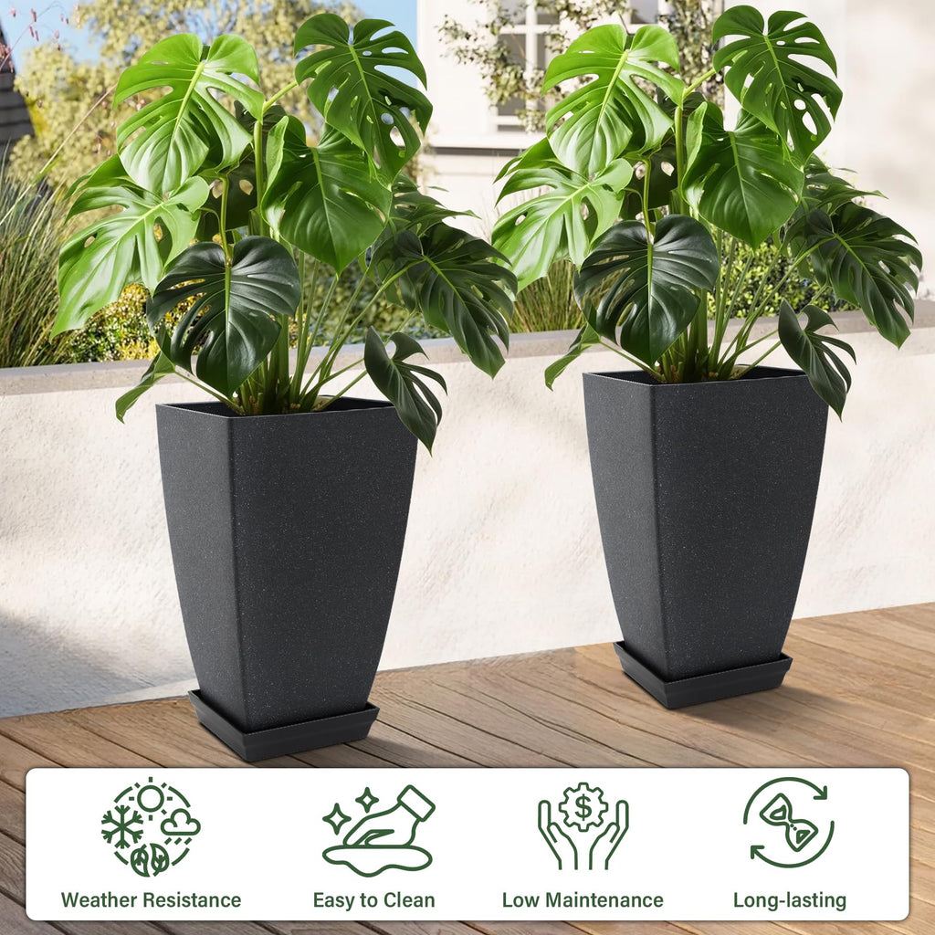 Set of 2 Tall Planter, 21 inch Large Plastic Planter, Cement Gray