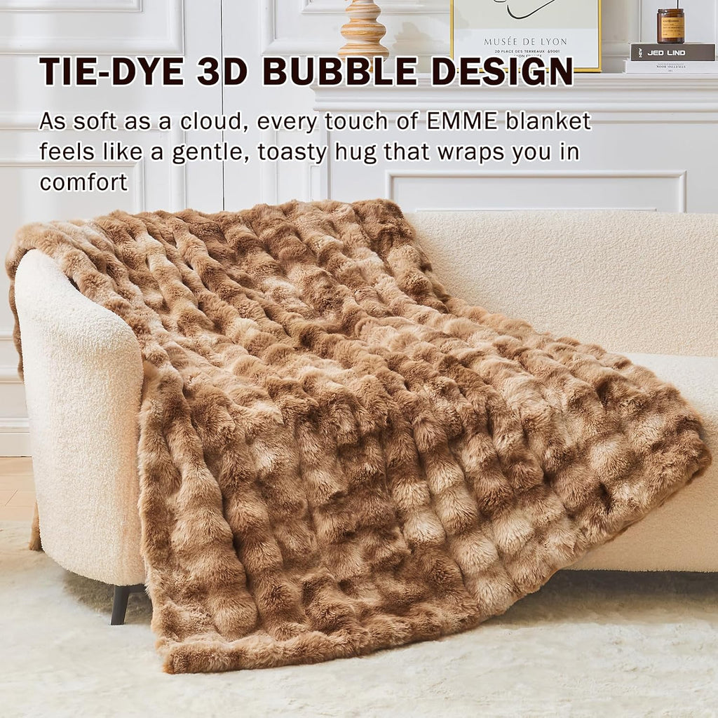 Faux Fur Blanket Queen Size Tie Dye Brown - Big Bubble Rabbit Cozy Blanket for Couch, Thick Furry Plush Shaggy