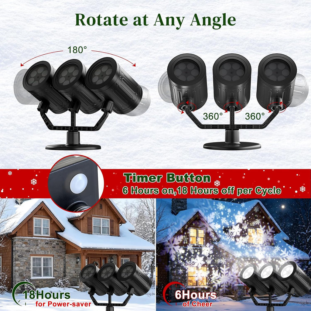 Christmas Snowflake Projector Lights Outdoor Triple Head Decor