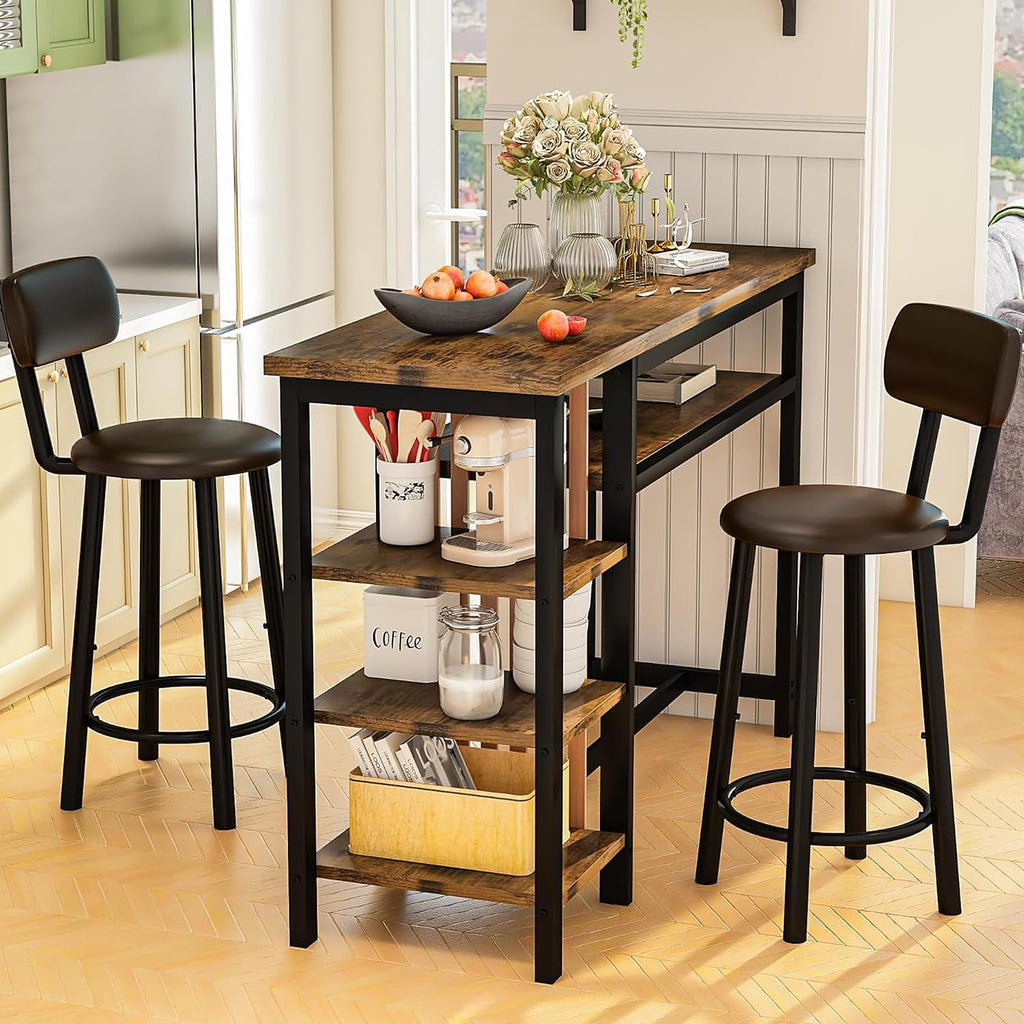 47" Bar Dining Table Set for 2, 3 Piece Bar Table and Chairs Set, Kitchen Counter Height Dining Table Set, Small