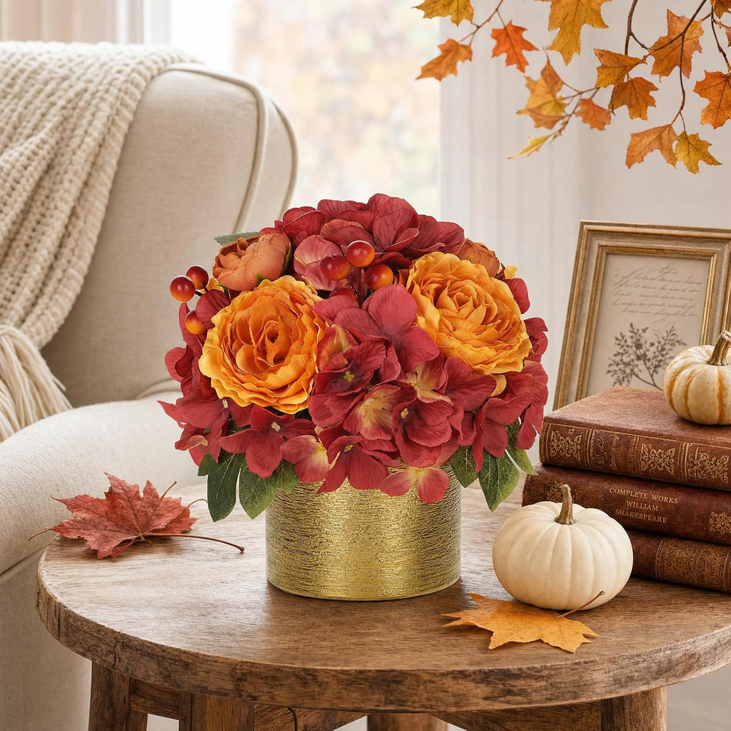 Fall Rose Hydrangeas Artificial Flowers with Golden Pot Decor