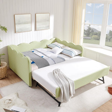 Full Size Upholstery Daybed with Trundle and USB, Full to King Design Adorable Wave Shaped Extendable Linen Sofa Bed