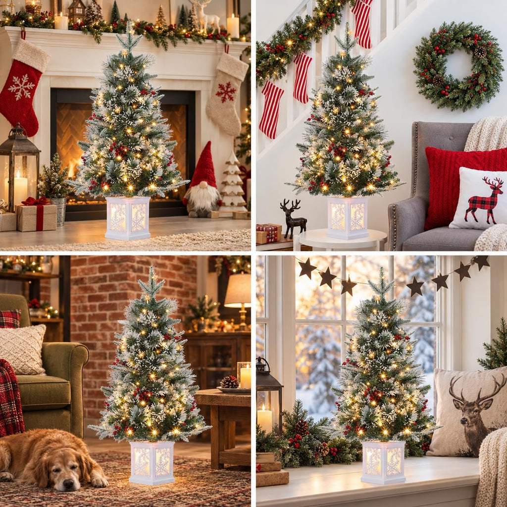 3 Ft Pre-Lit Christmas Tree, Artificial Christmas Tree with Base, Xmas Tree with Timer, Christmas Decoration , Easy