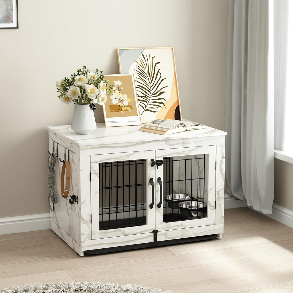 Wooden Dog Crate Furniture with 360°Rotatable Removable Dog Bowls, Dog Crate End Table with Tray, Double Doors Dog
