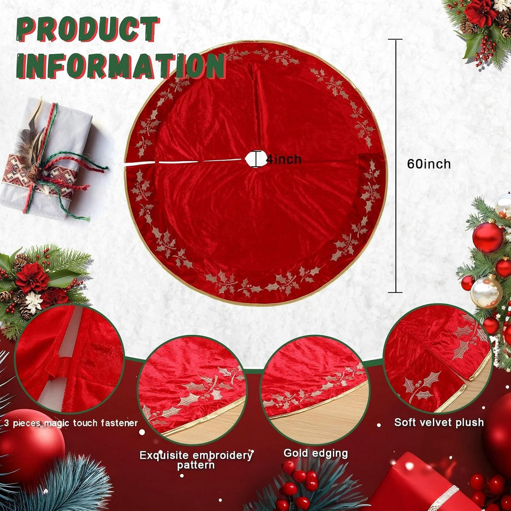 60 Inch Large Christmas Tree Skirt Classic Red Luxury Velvet Fur Skirts with Gold Embroidered Holly Leaf for Rustic