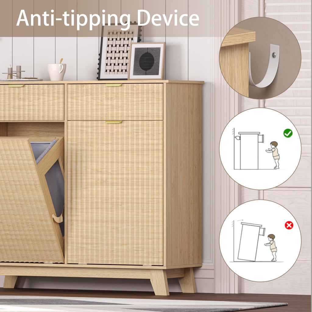 Double Tilt Out Laundry Hamper Cabinet with 2 Drawers & Baskets, 20 Gallon Fluted Hidden Trash Can Cabinet, Farmhouse