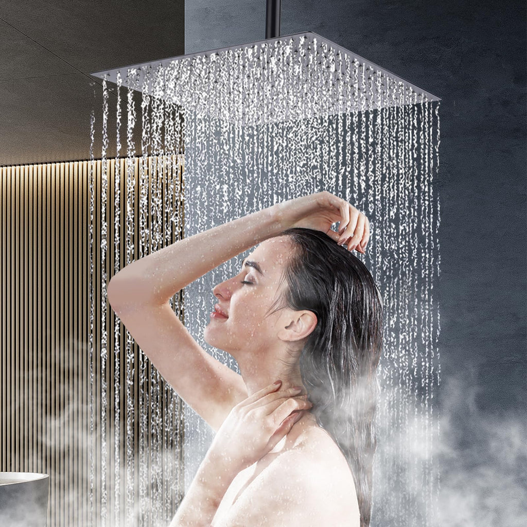 Shower Head,16 Inch Ultra Thin High Pressure Fixed Rain Showerhead Matte Black with Silicone Nozzle - Adjustable