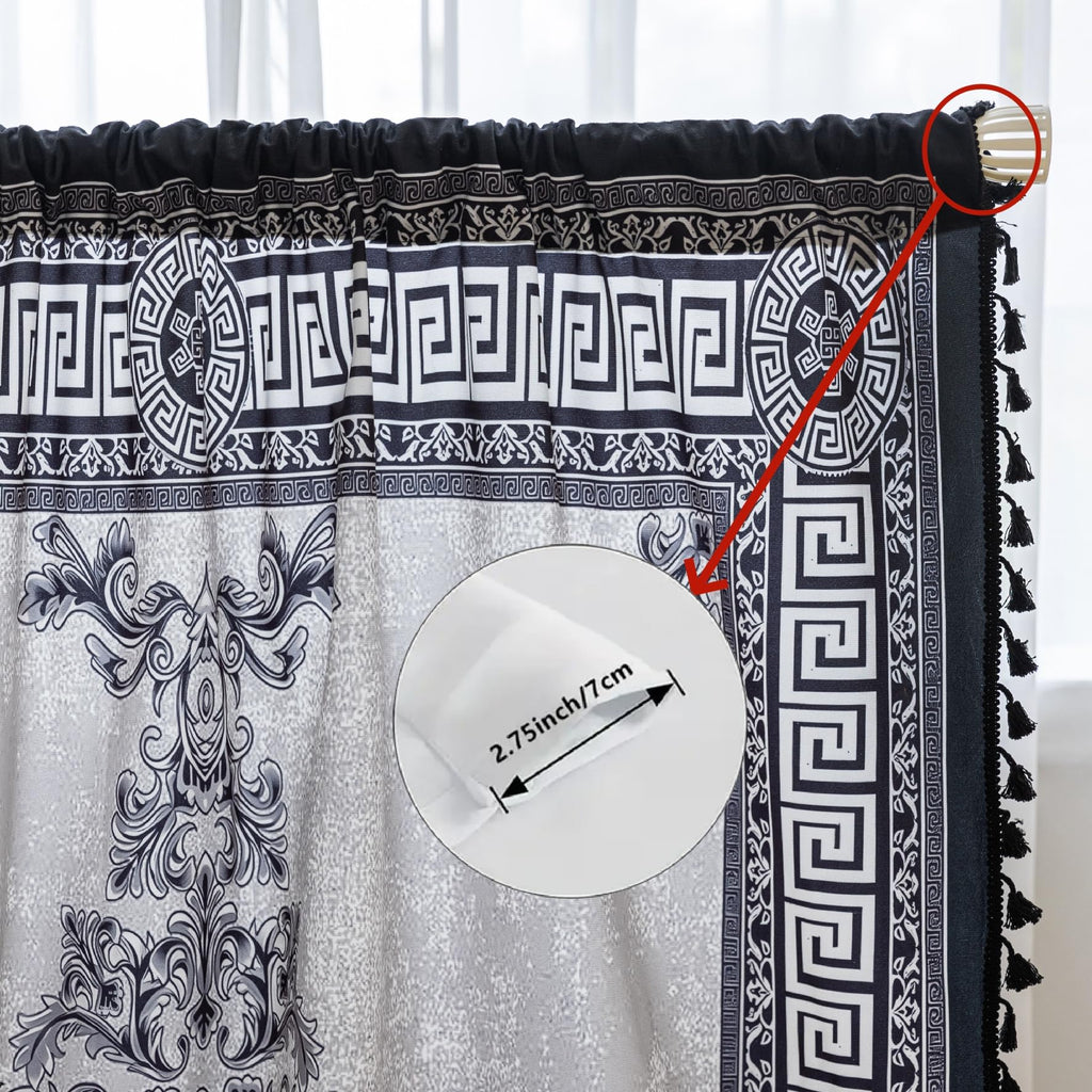 Black Medallion Curtains 63 Inches Long, Boho Farmhouse Light Filtering Rod Pocket Drapes with Tassel Trim Living