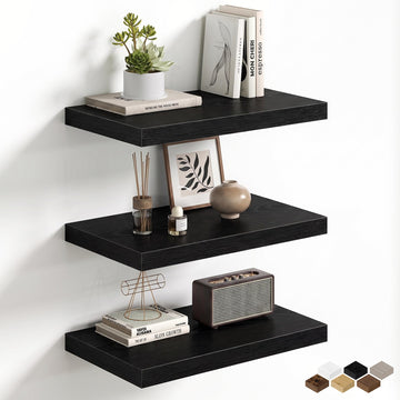 Floating Shelves Set of 3, 12 Inch Deep Floating Shelves with Heavy Duty Brackets, 20'' Rustic Black Wood Wall