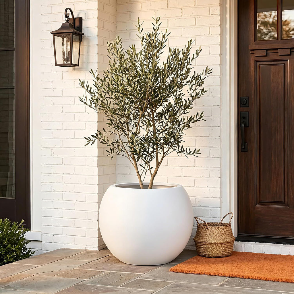 17" H x 21" Dia White Fiberstone Planter Pot with Drainage Hole, Extra Large Round Indoor Outdoor Flower Pot for