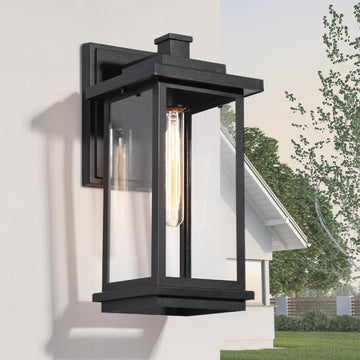 Black Outdoor Wall Porch Lights, Modern Rectangular Outdoor Light Fixtures Wall Mount with Clear Glass, Farmhouse