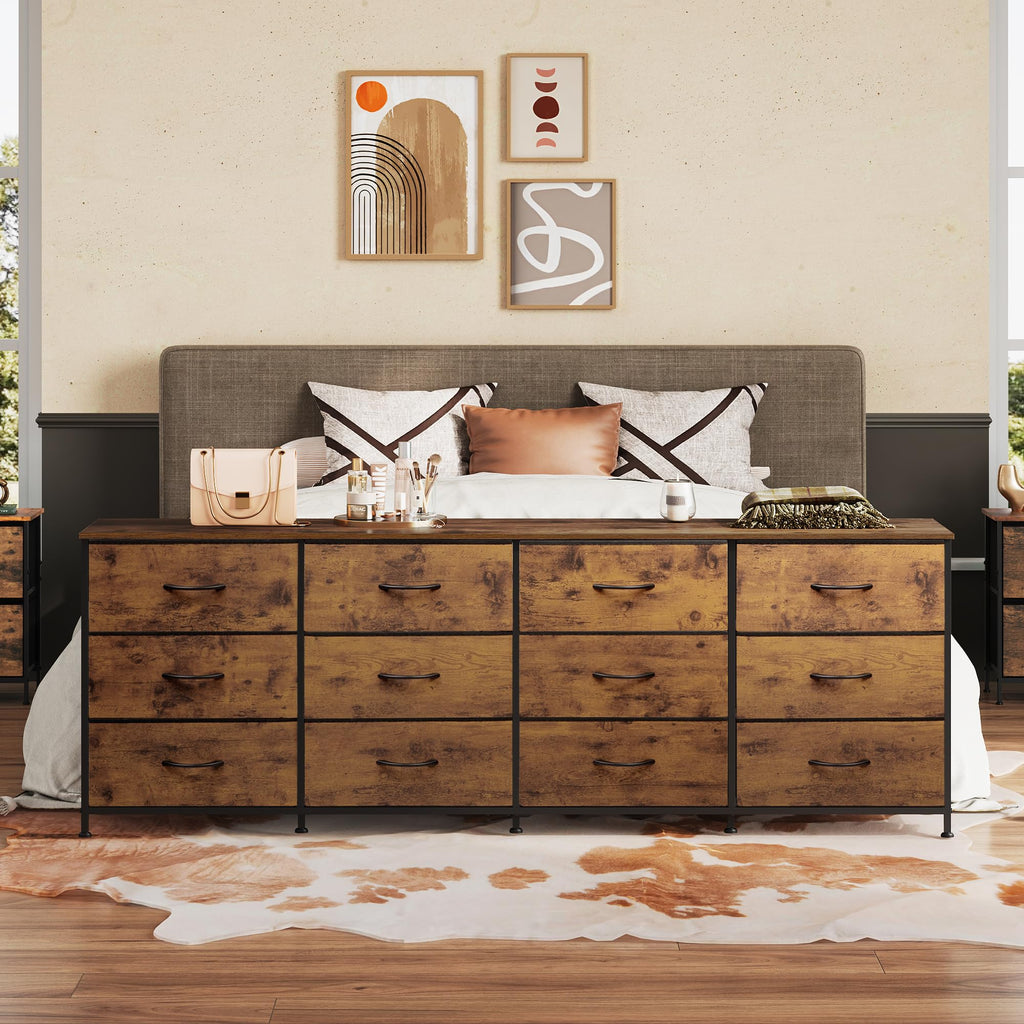 Long TV Stand for 85 Inch TV, 12 Drawer, Rustic Brown