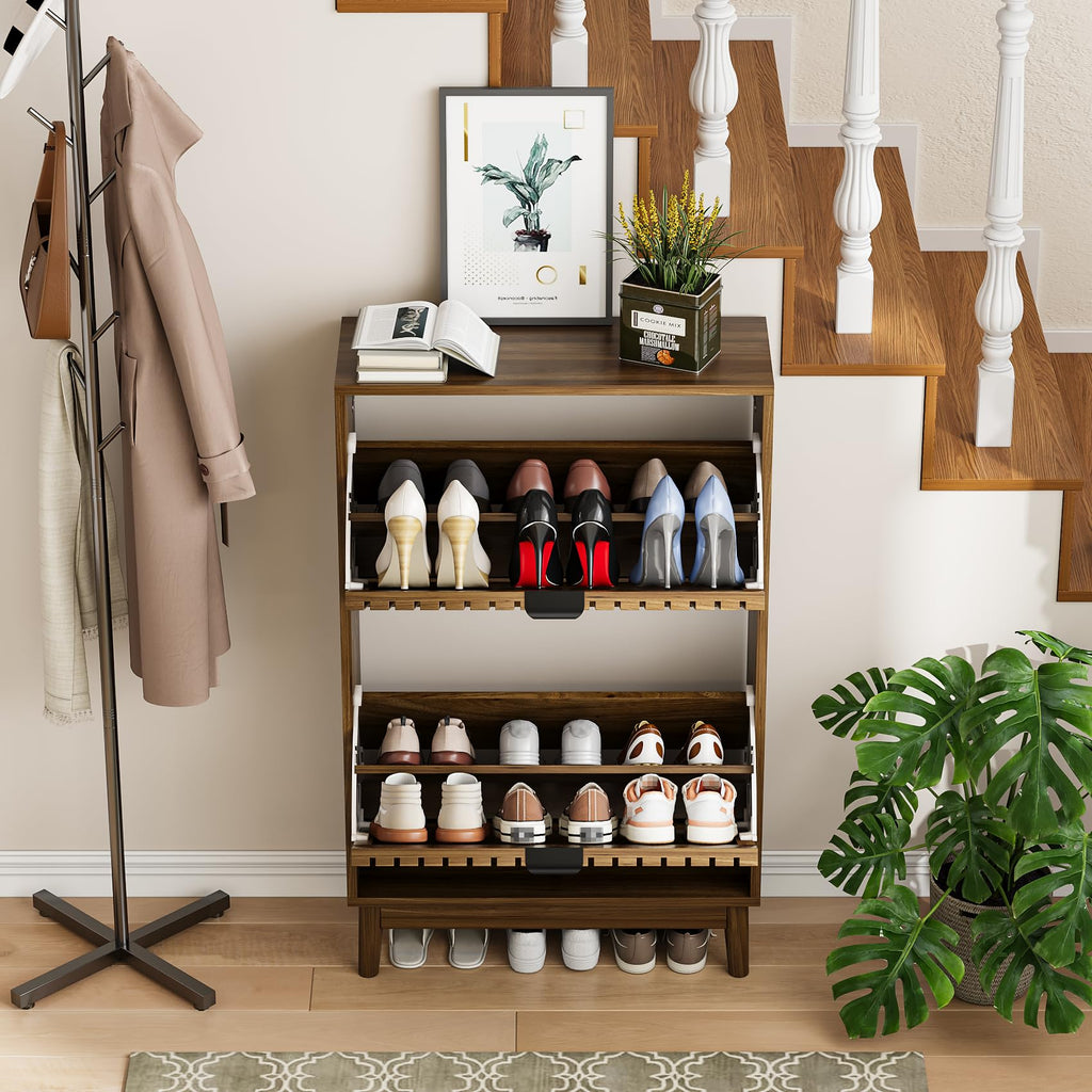 Shoe Cabinet, Shoe Storage Cabinet with 2 Slatted Flip Drawers, Narrow Shoe Organizers, Foyer, Hallway
